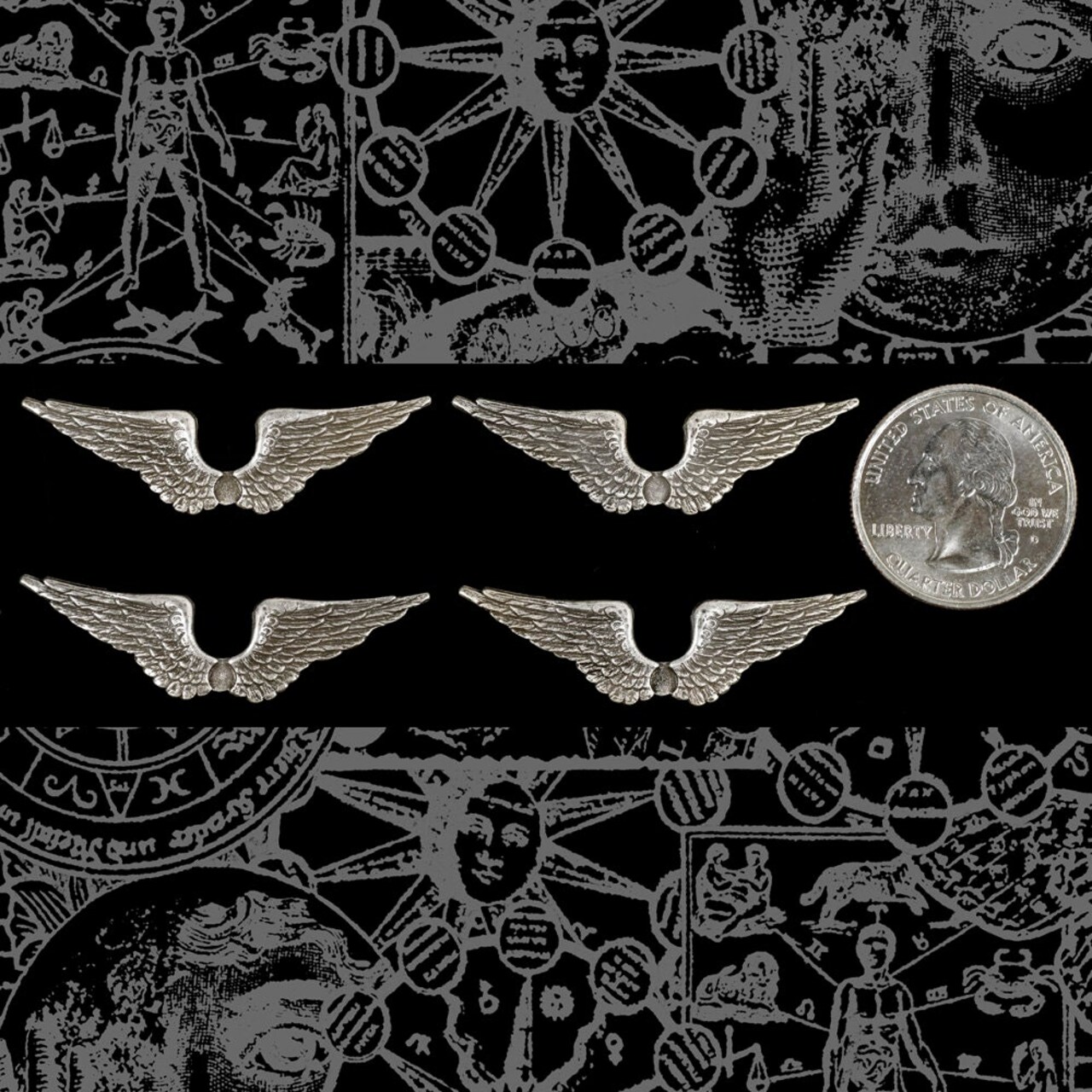 Antiqued Silver Plated Brass Connected Angel Wing Charms - Set of Four - S-C19